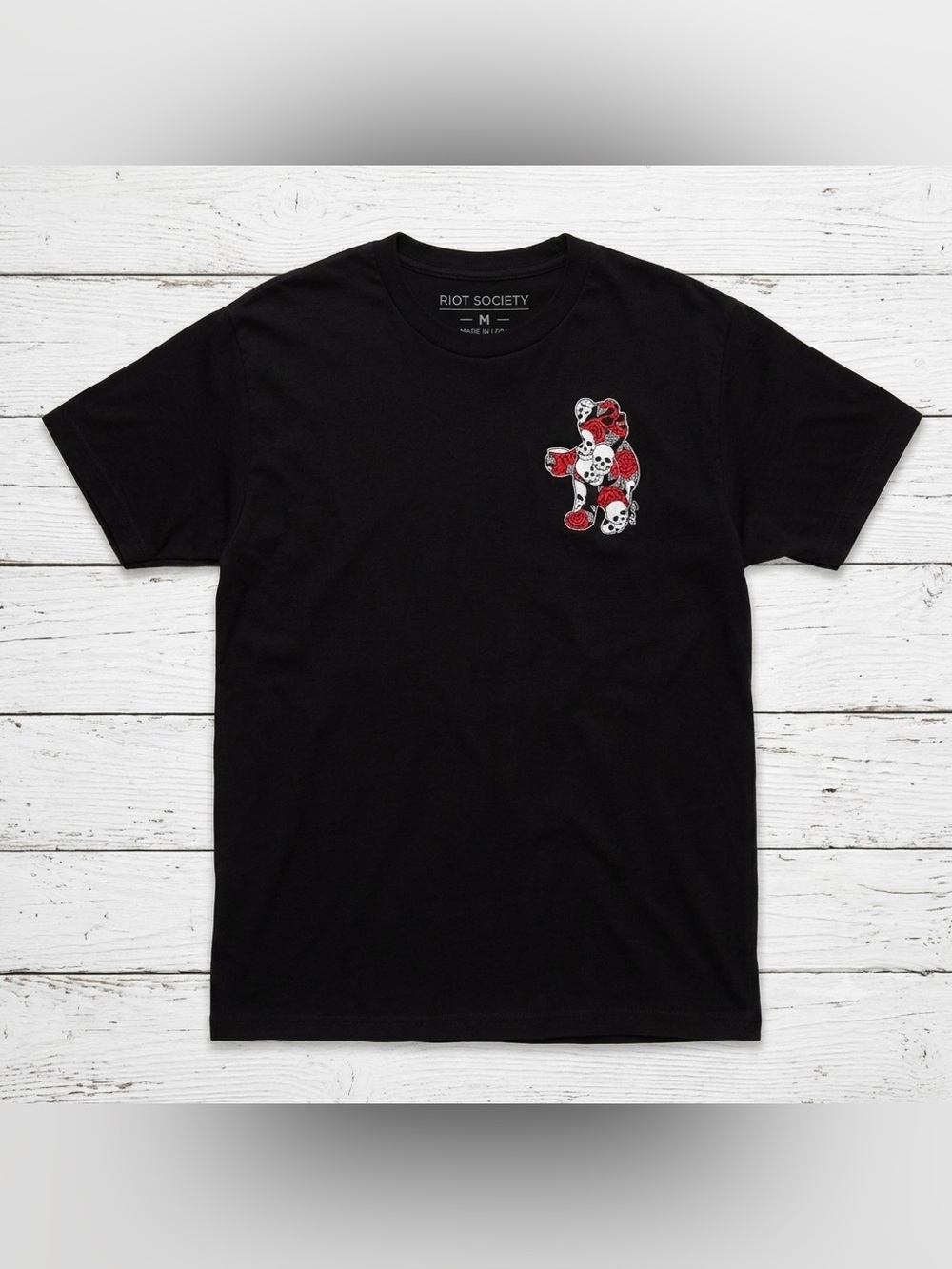Riot Society Mens Black Skull Roses Graphic Teddy Bear T-Shirt Size Medium M